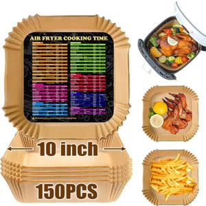 Air Fryer Liners 10 Inch, Square Airfryer Liners Large Air Fryer Parchment Paper Liners, Non-stick Air Fryer Disposable Paper Liners Oil Resistant, Waterproof for Baking Roasting, 150PCS