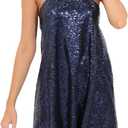 hibshaby Women's Glitter Sequin Dress Halter Neck Party Cocktail Sparkly Mini Dress Clubwear (Medium, Blue)