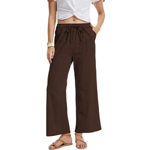 YOCUR Women Casual Drawstring Straight Leg Pants Cotton Linen Beach High Waisted Trousers Flowy Lounge Lightweight Pants (XX-Large, Dark Brown)