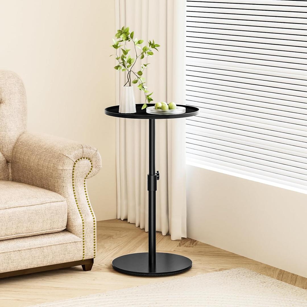 Metal End Table, Height Adjustable Side Tables Living Room, Small Side Table for Small Spaces Round Drink Table TV Tray Table for Living Room, Bedroom, Balcony, Office, Indoor & Outdoor, Black