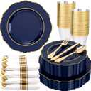 Liacere 350PCS Navy Blue Plastic Plates-Disposable Blue Gold Plates 50guest Plastic Dinnerware include 100Plates,50Pack Pre Rolled Napkins with Silverware 50Cups for Graduation & Memorial Day