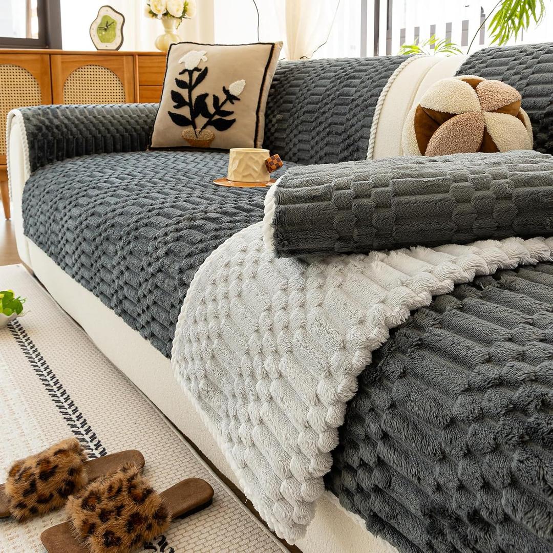 Plush Warm Sofa Covers Washable, Funny Fuzzy Couch Cover for Dogs Washable, Non-Slip Couch Covers for Loveseat, Soft Sofa Slipcover for Pet & Kid(1PC, Dark Grey, 36"63", Loveaeat)