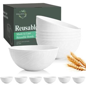 Wheat Straw Cereal Bowls 40 OZ, Unbreakable Bowls Set of 6, Microwave & Dishwasher Safe Bowl for Kitchen, Reusable Plastic Bowl for Cereal, Soup, Salad and Ramen, White