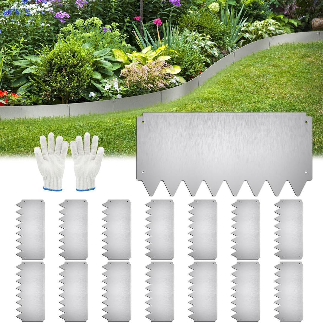 2025 New 21ft. Galvanized Steel Landscape Edging Border 15 Pack - 16.5"x8" Heavy Duty Metal Garden Edging with Rolled Top & Curved Serrations - Flexible Bendable Rustproof Edge for Lawn Yard Flower