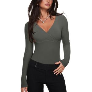 REORIA Women's Long Sleeve Cross Wrap Ruched Bodysuit Sexy Deep V Neck Slim Fit Body Suit Concert Tops Thyme Small