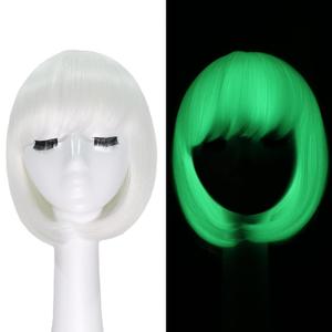 Glow in the Dark Wig 10inch White Bob Wig with Bangs Short Synthetic Straight Glueless Wigs for Cosplay Party Carnival Christmas