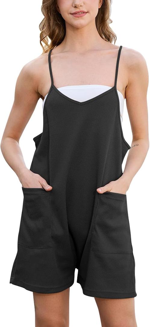 Rompers for Women Summer Casual Waffle Knit Sleeveless Romper Spaghetti Strap Shorts Overalls Jumpsuit with Pockets (Small, Black)