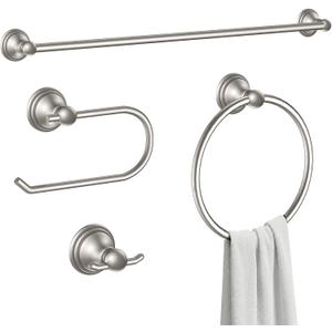 Formosa Design Hardware Classic 4-Piece Bathroom Accessories Set, 24-inch Towel Bar, Toilet Paper Holder, Towel Ring, and Robe Hook, Durable Zinc Alloy & Stainless Steel, (Brushed Nickel Finish)