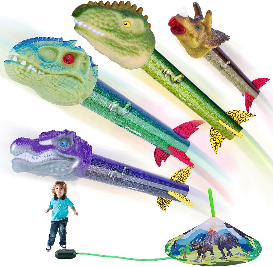 Dinosaur Toy Rocket Launcher for Kids - Launch Up to 100 Ft, 4 Rockets, Outdoor Outside Toys for Kids, Dinosaur Toys, Birthday Gifts for 3-12 Year Old Boys Girls