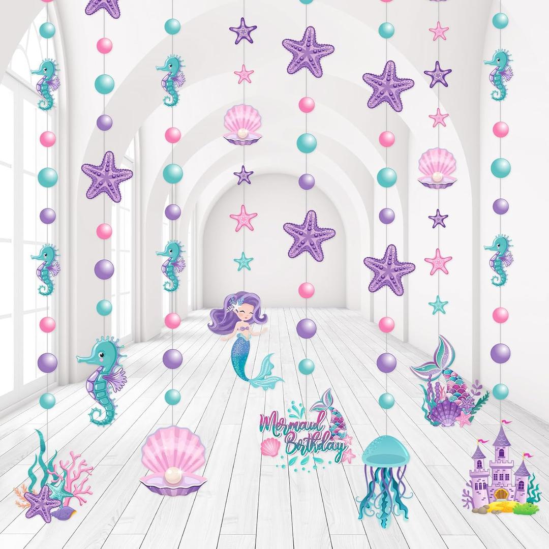 Cindeer 8 Pcs Mermaid Birthday Party Decorations Summer Under The Sea Garlands Ocean Castle Hanging Banner Pearl Jellyfish Starfish Ceiling Streamers for Kids Girls Baby Shower Wedding Party Supplies