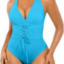 SHAPELLX Women One Piece Swimsuits Tummy Control Bathing Suits Push Up Slimming Swimwear with Built-in Bra V Neck (Large, Blue)
