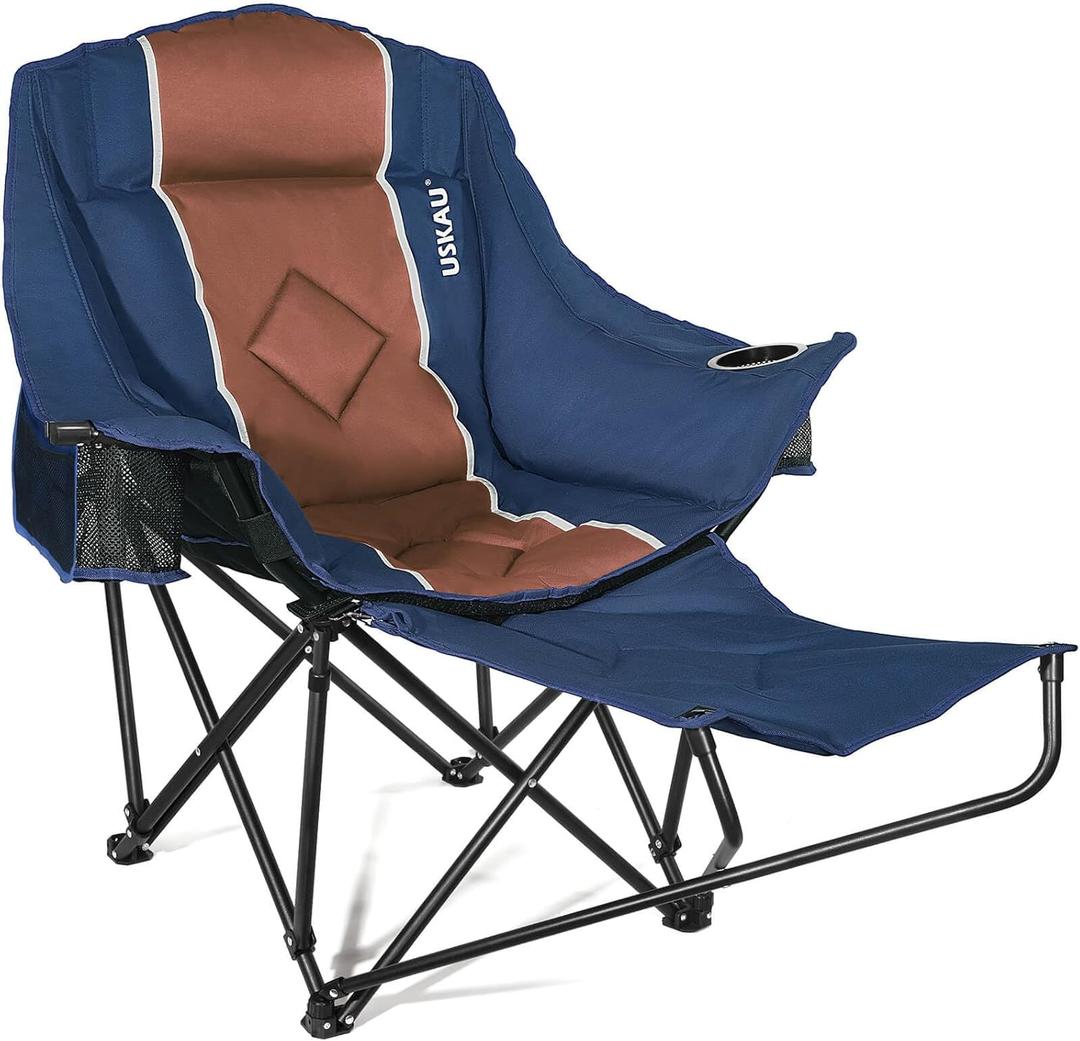 Camping Chair with Removable Footrest, Oversized Outdoor Chair with Headrest & Cup Holders, 400lb Capacity Lawn Chair for Sports Backyard Fishing (Classic Navy Blue)