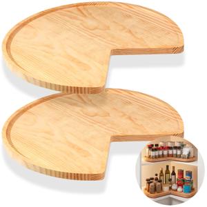 Leinuosen 2 Pcs 24in/28in/32in Banded Pine Wood Full Kidney Shaped Lazy Susan for Corner Base Cabinets with Iron Swivel Bearing for Kitchen Turntables, Not Include Metal Rod(32 Inch,Wood Color)
