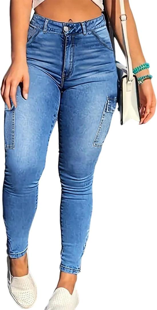 Skinny Cargo Pants Women High Waisted Jeans Stretch Fashion Casual with Flaps 6 Pockets (X-Large, Dark Blue)