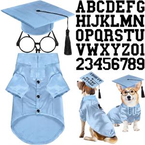 Huhumy 5 Pcs Dog Graduation Costume Set Include 2026 Pet Graduation Gown with Stole Puppy Grad Cap Lensless Glasses DIY Letter Stickers for Dogs Cats Holiday Costume Accessory(Light Blue,L)