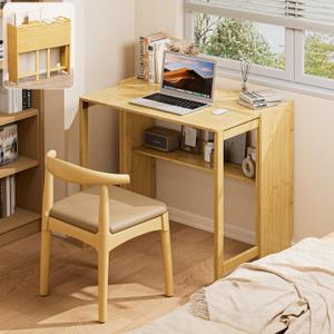 Bamboo Folding Desk for Small Spaces, Small Computer Foldable Desk, Natural, 32.28"Wx21.3"Dx29.92"H