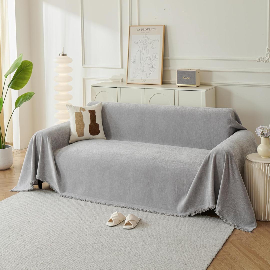 Couch Cover for Dogs, Boho Sofa Covers for 3 Cushion Couch, Chenille Sofa Slipcover for Pets Washable, L-Shape Sectional Couch Loveseat Cover Soft Throw Blankets with Tassels(71x118,Grey)