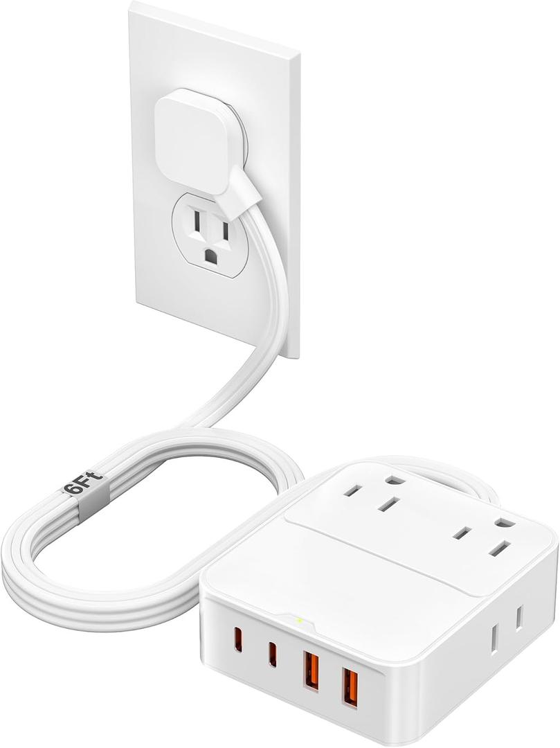 Power Strip Flat Plug with 4 AC Outlets 4 USB Ports (20W), Surge Protector Charging Station with Overload Protection, 6Ft Flat Plug Extension Cord, Fast Charging for Office Dorm Room (White)