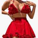 OYOANGLE Women's 3 Pieces Swimsuit Halter Triangle Bikini Swimsuit with Mesh Beach Skirt Cover Up,S