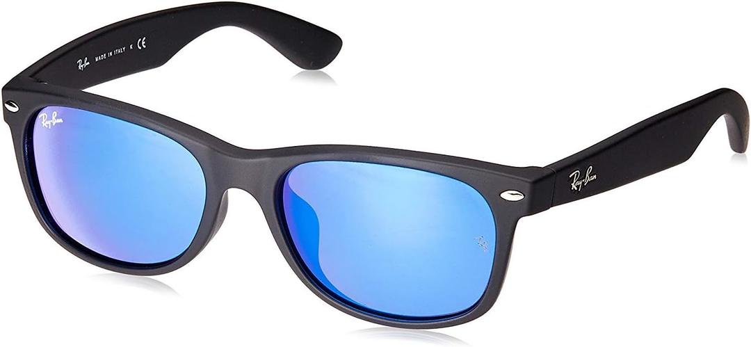 Ray-Ban Unisex Rb2132f New Wayfarer Low Bridge Fit Square Sunglasses (Rubber Black/Grey Mirrored Blue)