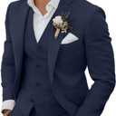 Men's 3 Piece Linen Suits Casual Lightweight Blazer Jackets Vest Pants Set for Wedding Business Prom Suit (Deep Blue, XXXL)