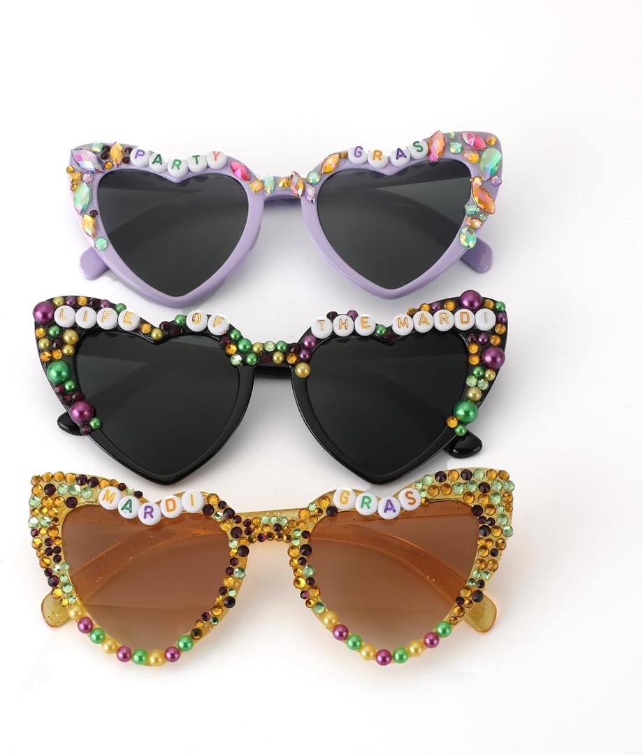 3 PCS Mardi Gras Sunglasses Beads & Heart Sunglasses Purple Yellow Black Heart Glasses Mardi Gras Party Accessories