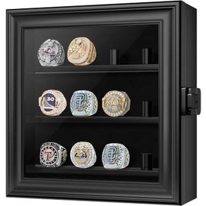 Championship Ring Display Case, 12 Ring Posts Baseball Ring Holder, Wall Mount Wooden Shadow Box for Multiple Championship Rings