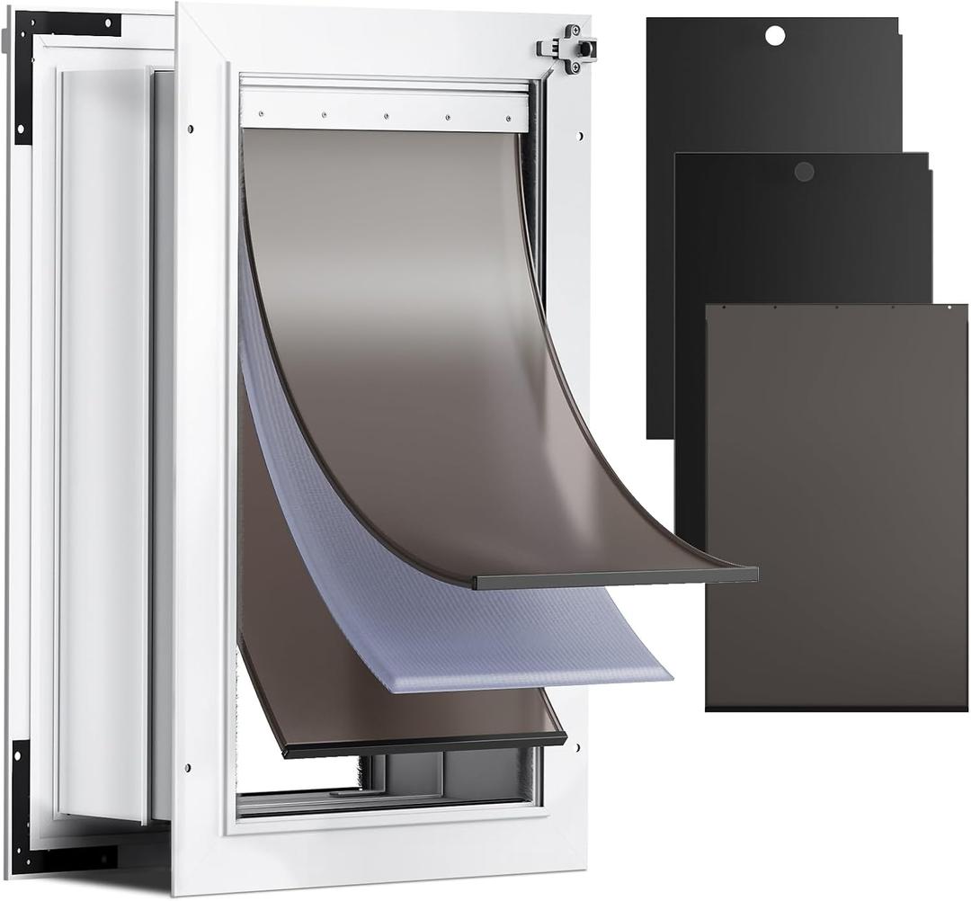 3-Flap Dog Door for Wall, Large Doggy Door, All Aluminum Heavy Duty Pet Door, Extreme Weather Doggie Door for Interior Exterior Wall, with Insulation Flaps & Lockable Closing Panels, Pets Up to 110LB