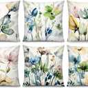 COMMINY Spring Flower Pillow Covers 18x18 Inch Set of 6, Blue Green Pink Floral Throw Pillow Case for Couch Sofa Bed Decor, Spring Summer Pillow Covers, Indoor Decorative Cushion Cover