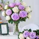 20PCS Artificial Roses with Long Stems - Realistic Silk Flowers, Fake Roses Real Touch Bouquet of Roses for Home Decor, Bridal Wedding Party Table Centerpieces, Bulk Faux Rose Flowers (White Purple)