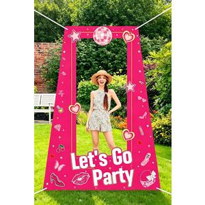 Tall Life Size Hot Pink Girls Photo Booth for Girls Birthday Party Photoshoot Princess Doll Let's Go Bachelorette Theme Party Decorations Girl Birthday Party Supplies Favors (4.9 Ft x 3.2 Ft)