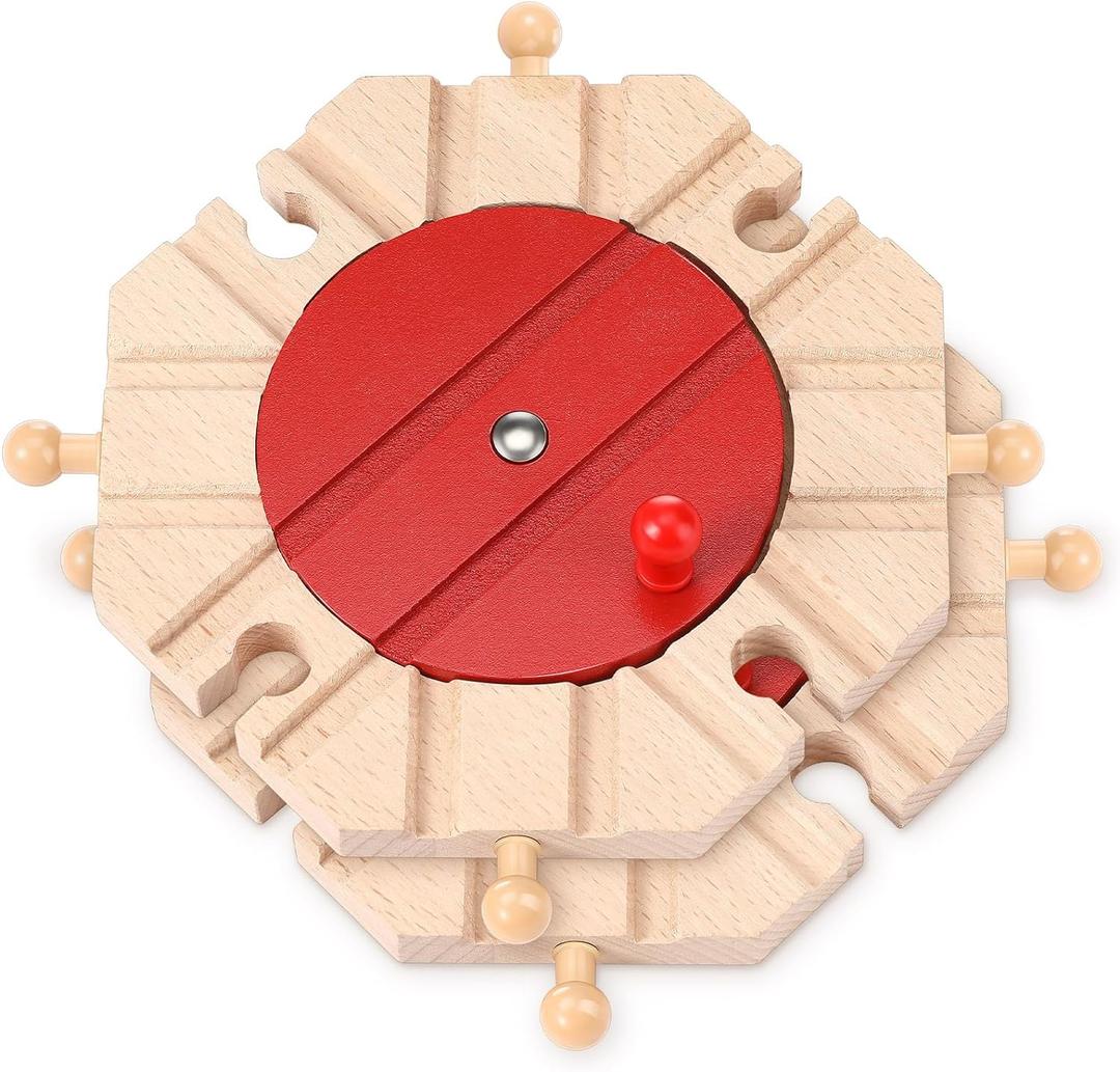 Syhood 2 Pcs Wooden Train Track Expansion Packs Wooden Train Accessories 8 Way Wood Track Turntables Compatible with Most Tracks Brick Bridge for Toys Christmas Favor