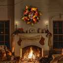 24" Fall Wreath with Pumpkins, Maple Leaves & Timer LED Lights  Autumn Front Door Wreath with Removable Cat Decor, Thanksgiving Harvest Decor for Indoor Outdoor