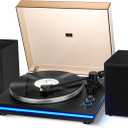 Vangoa Vinyl Record Player with 40W Speakers, Belt-Drive Stereo Turntable, Magnetic Cartridge AT-3600L, Aluminum Platter, Hi-Fi, 2 Speed, LED Lighted Modern Bluetooth Turntable for Vinyl, Black