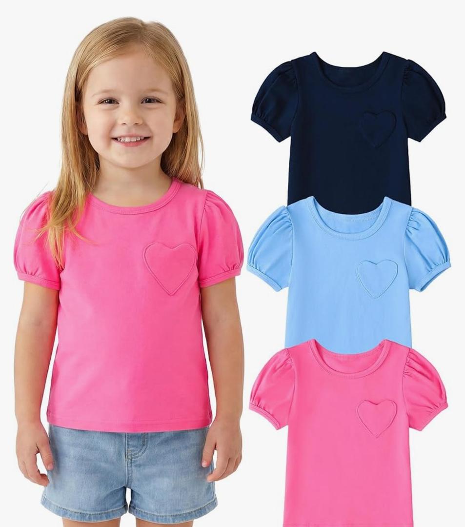 3 Pack Toddler Girl Shirts: Short Puff Sleeve Cotton T-Shirts Round Neck Heart Tops Summer Tee Size 4T only pink n blue