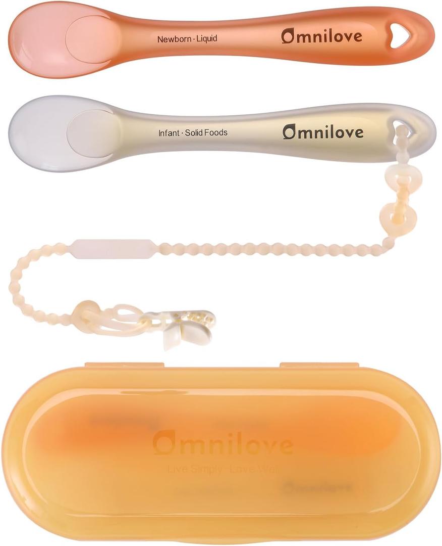 Silicone Baby Spoons 2-Pack with Case, New Born Self Feeding Toddler Spoon, Baby Led Weaning Supplies, Toddler Utensils with Safety Chain, Baby Eating Essentials, Dishwasher Safe (Feeding Spoons Set 0+ Months)