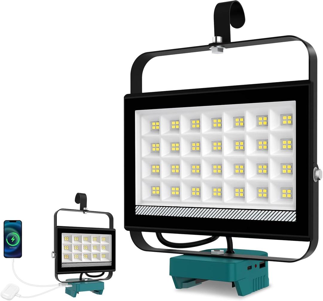 Cordless LED Work Light for Makita 18V Battery, 100W 10000LM Flashlight, Battery Flood Light for Makita with USB & Type-C Charging and 140Pivoting Head for Jobsite, Garage, Camping, Emergency (Dark Green)