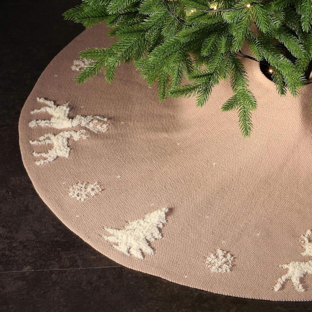 Dremisland Christmas Tree Skirt, Cable Knit Knitted Thick Rustic Tree Skirt for Xmas Holiday Decoration- 3D Elk and Christmas Tree (36inch/90cm, Beige)