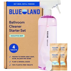 BLUELAND Bathroom Spray Cleaner, Starter Set, Eucalyptus Mint 100% Plastic-Free Tablet, EPA Safer Choice, B Corp, Leaping Bunny, Plant & Mineral-Based, Removes Soap Scum, Mold & Mildew