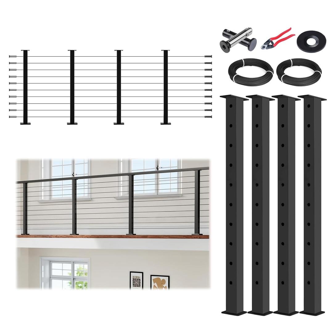 15-20FT Modular Cable Railing Kit 36 Inch Black Cable Railing System with 4 Level Posts DIY Adjustable-Length Complete Set for Decks Easy Installation Includes Paper User Guide (No Handrail) HU01