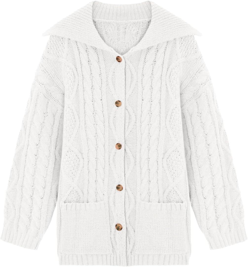 Saodimallsu Womens Cable Knit Cardigan Sweaters Fall Oversized Long Sleeve Button Open Front Knit Sweater Coats (XX-Large, White)
