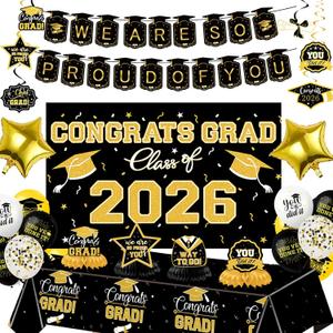 Graduation Decorations 2026 Themed Set - All-in-One Party Supplies with Backdrop & Tablecloth, Congrats Grad Banner for High School College Class of 2026 Decor