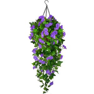 Artificial Fake Hanging Flowers Plants Basket for Spring Outdoor Outside Decoration, UV Resistant Faux Plastic Fabric Flower Morning Glory Wisteria Petunia for Garden Porch Patio Balcony Yard Decor (Blue)