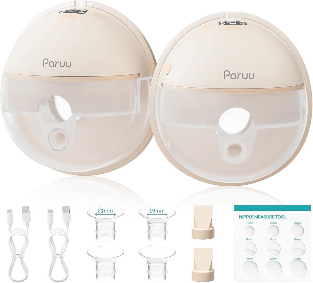 Paruu Hands Free Breast Pump P16, Wearable Breast Pump Electirc Portable with 4 Modes & 12 Levels, Max 309mmHg Strong Suction 19/21/24mm Flange Inserts Wearable Breastfeeding Pump, 2 PackNude
