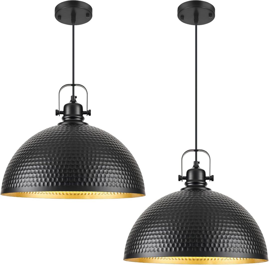 16 Inch Black Hammered Pendant Light 2 Pack, Vintage Pendant Lights Kitchen Island Adjustable Height, Large Dome Pendant Light Fixtures for Kitchen, Dining Room, Bedroom,Bar