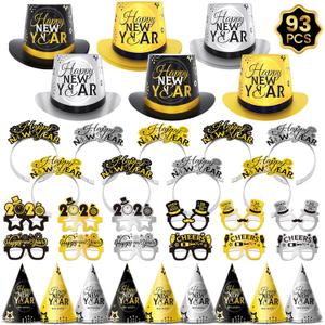 93PCS New Year's Eve Party Supplies 2026 for 48 Guests, Happy New Year's Decorations Party Favors Includes Top Hats, Tiaras, Glasses Accessories for Adults Nye Decorations 2026