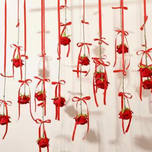 24 Pcs Valentines Hanging Rose Decoration Rose Garland Valentine's Artificial Red Flower Garland Hanging Roses with Red Ribbon and Hooks for Engagement Bridal Shower Anniversary Wedding