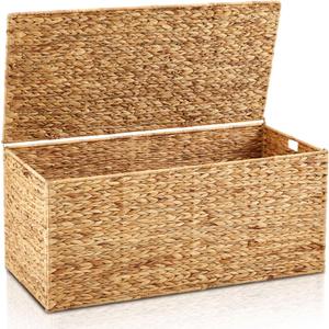 Wonderjune 42 x 20 x 18.5'' Water Hyacinth Wicker Storage Trunk with Metal Frame, Heavy Duty Storage Chest with Lid Large Rattan Basket for Blankets, Seasonal Clothes, Extra Bedding (Natural,Flat Lid)