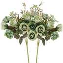 Neendohome 5 Branch 10 Heads Artificial Flowers Small Roses with Leaf Bouquet for Valentines Decoration Kitchen Wedding Office (2 Pack, Green)