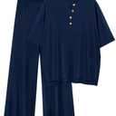 PRETTYGARDEN 2 Piece Lounge Sets for Women Summer 2025 Short Sleeve Tops Wide Leg Pants Matching Travel Outfits Clothing (Navy,X-Small)